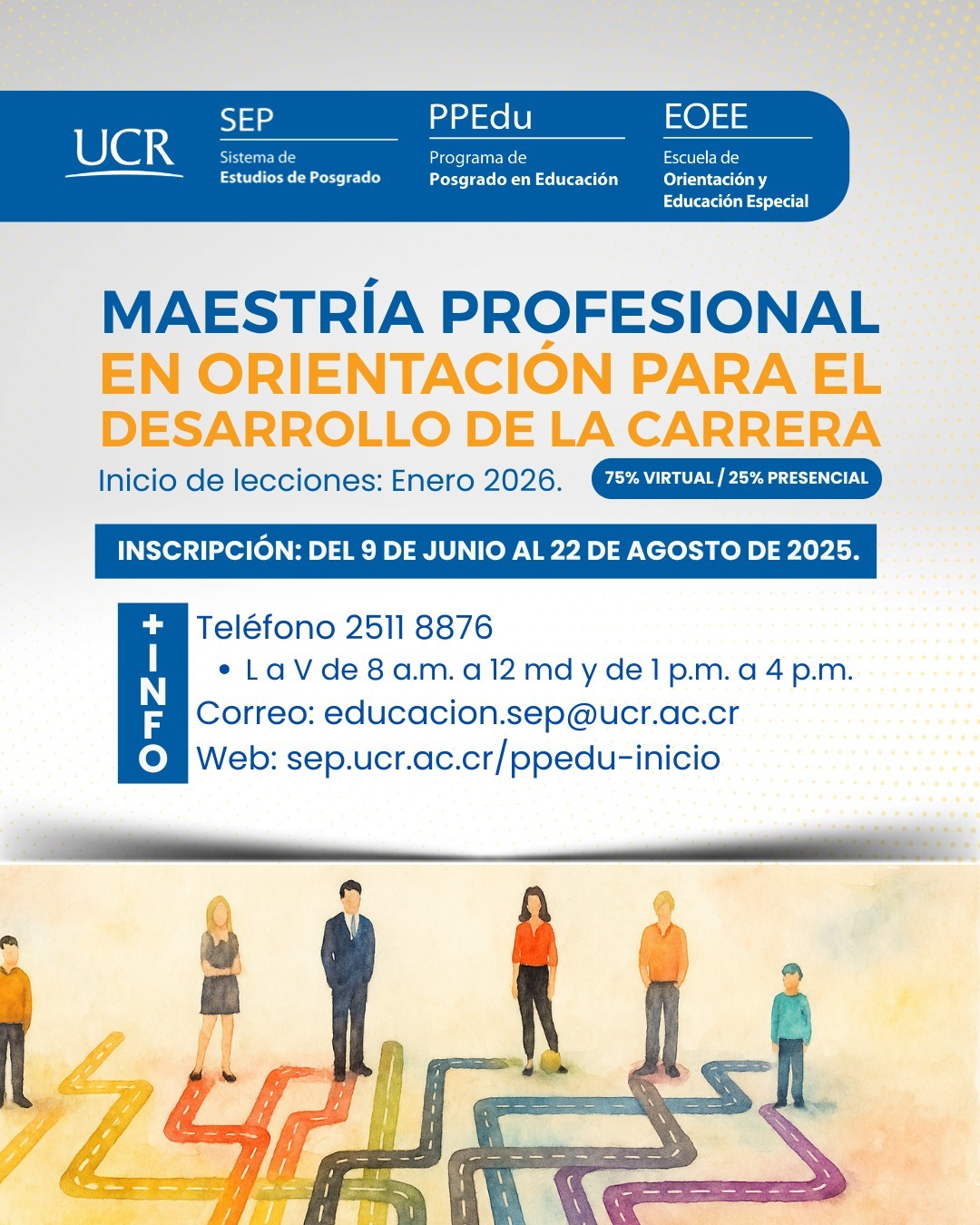 Afiche con título de la maestría, fechas de inscripción e información de contacto.