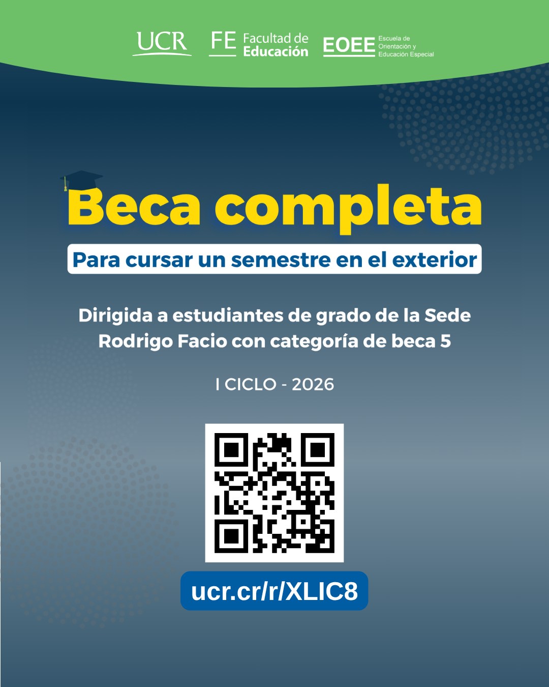 Afiche con código QR para información sobre beca completa IC2026.