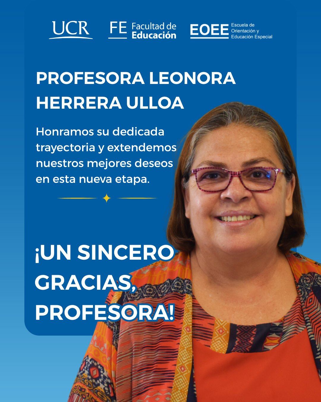 Afiche con fotografía de la profesora Leonora y felicitación por su jubilación.