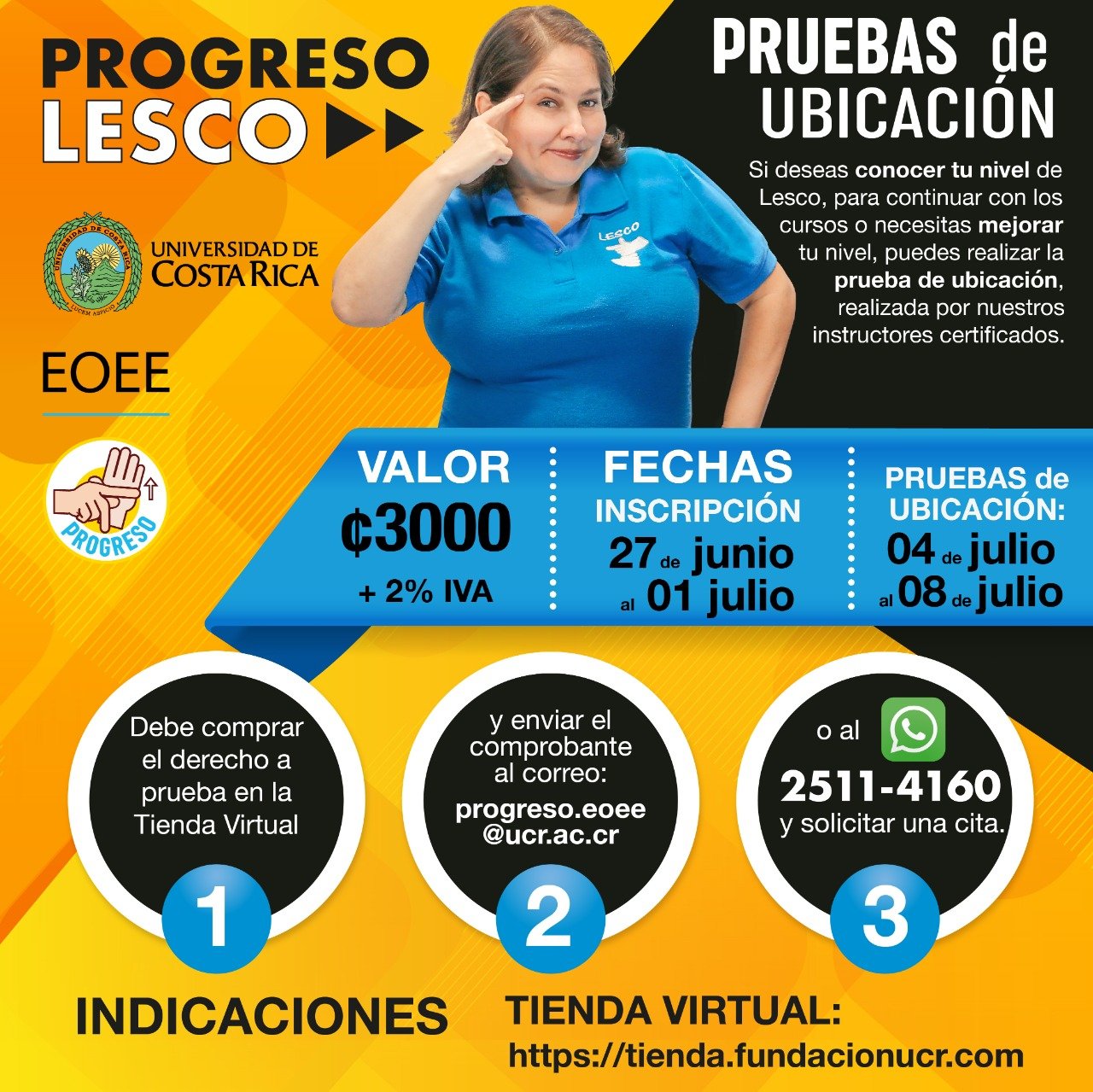 Afiche informativo sobre pruebas de ubicación en cursos de LESCO