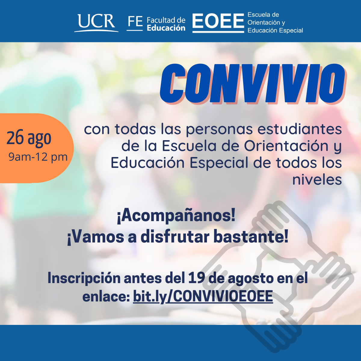 ¡Acompañanos!  ¡Vamos a disfrutar bastante!  Inscripción antes del 19 de agosto en el enlace: bit.ly/CONVIVIOEOEE