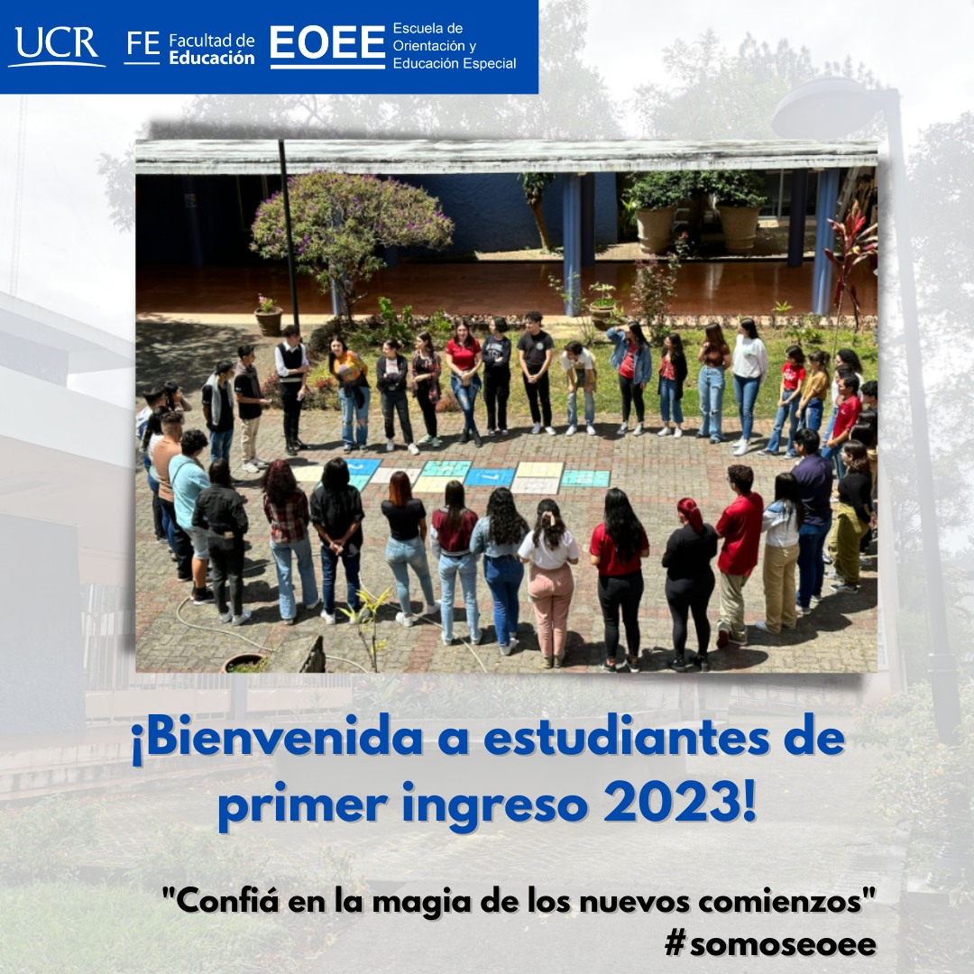 Fotografía de estudiantes en círculo con un texto de bienvenida y los logos de la UCR y la Unidad Académica.