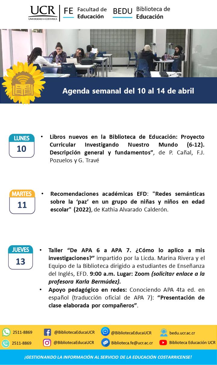 Afiche de actividades semanales de la Biblioteca de la Facultad de Educación