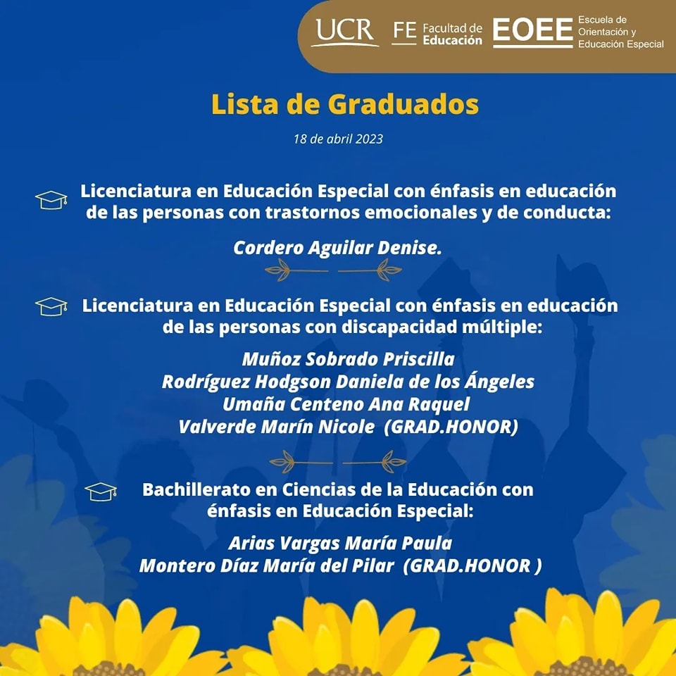 Afiche con nombres de personas graduadas el 18 de abril.