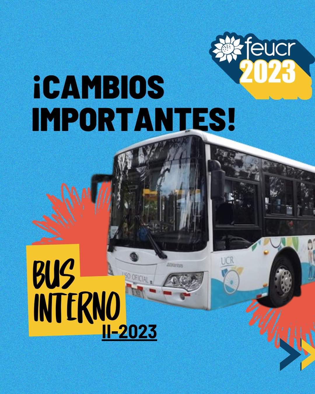 Foto de Bus con Título ¡Cambios Importantes en Bus Interno! y logo de la FEUCR