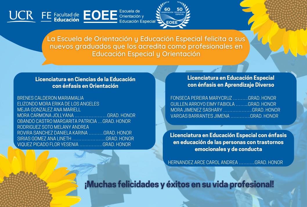 Afiche con lista de graduandos de las licenciaturas de Educación Especial y Orientación