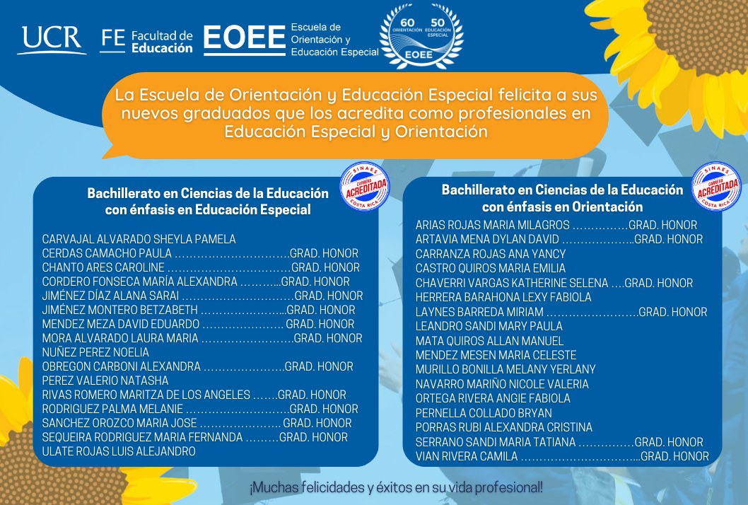 Afiche con listado de graduandos en las carreras de bachillerato en Educación Especial y Orientación