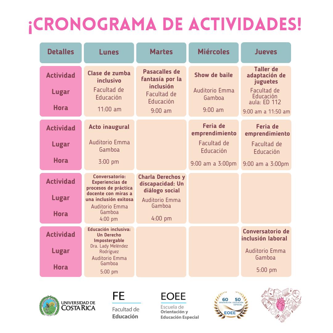 Tabla con cronograma de actividades.