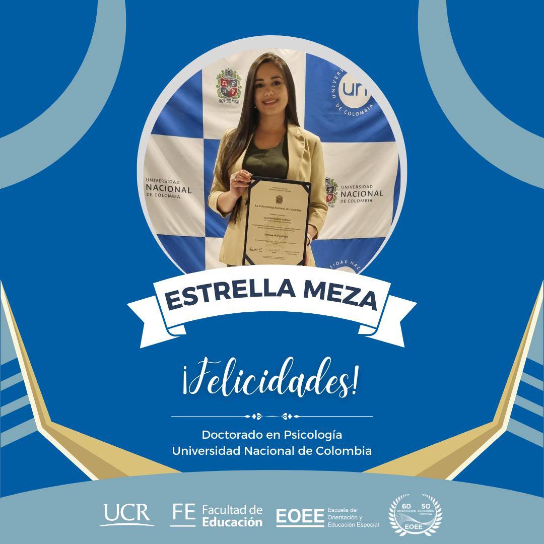 Afiche con foto de la profesora Estrella con felicitación por su doctorado en psicología.