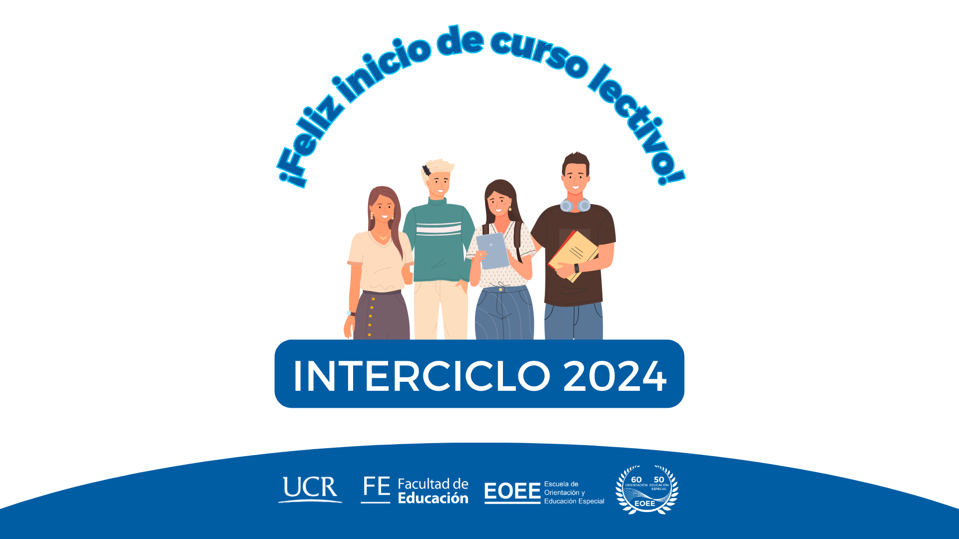 Imagen de bienvenida al interciclo 2024 con logos de la unidad académica e imagen de estudiantes adultos.