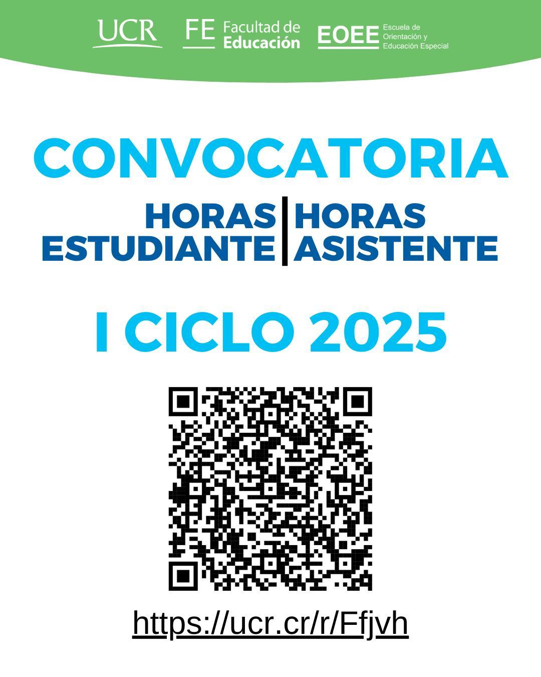 Afiche de convocatoria a horas de asistente y horas estudiante para IC 2025 con código QR a información.